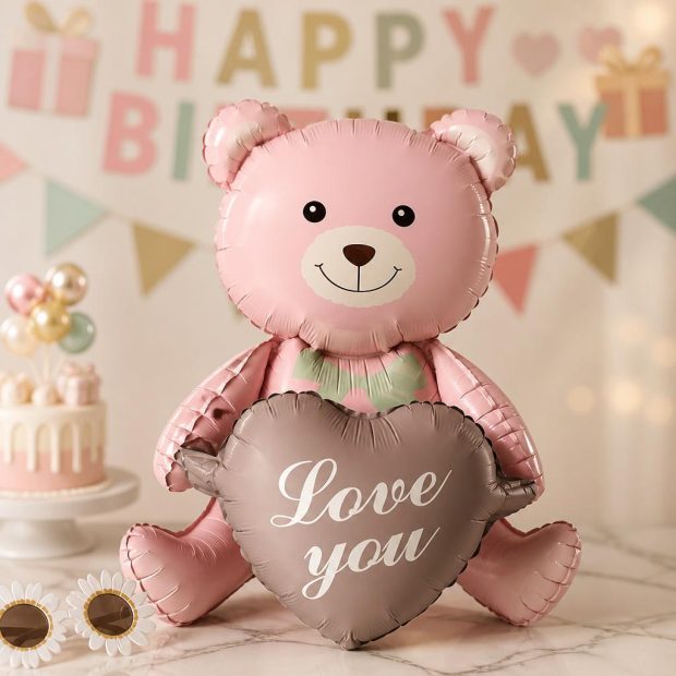 בלון דובי גדול מחזיק בלון לב "Love You"