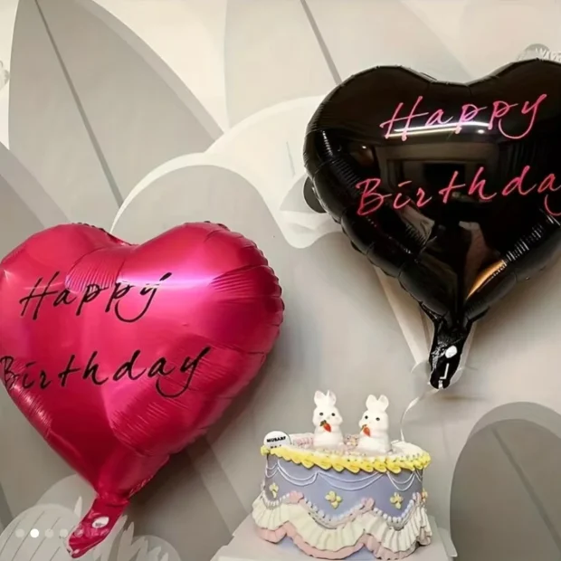 בלון לב ורוד/שחור HAPPY BIRTHDAY